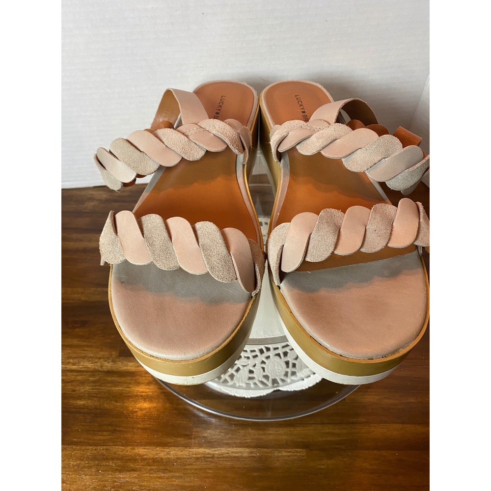 Lucky Brand Vellenora Beige Leather Scalloped Braided Platform Sandals 9M 40